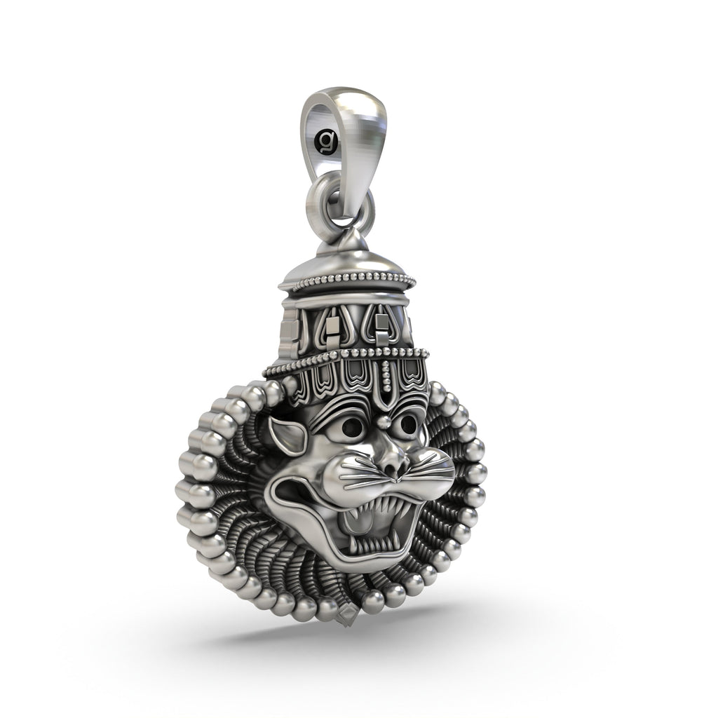 Close-up detail shot of the 925 Silver Narasimha Face Pendant, focusing on the fierce expression and antique oxidized
