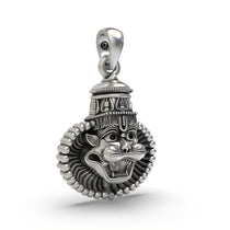 Close-up detail shot of the 925 Silver Narasimha Face Pendant, focusing on the fierce expression and antique oxidized