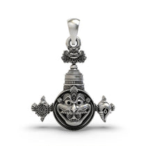 Front view of the detailed 925 Silver Narasimha Pendant with Shankh and Chakra, showing its oxidized finish.