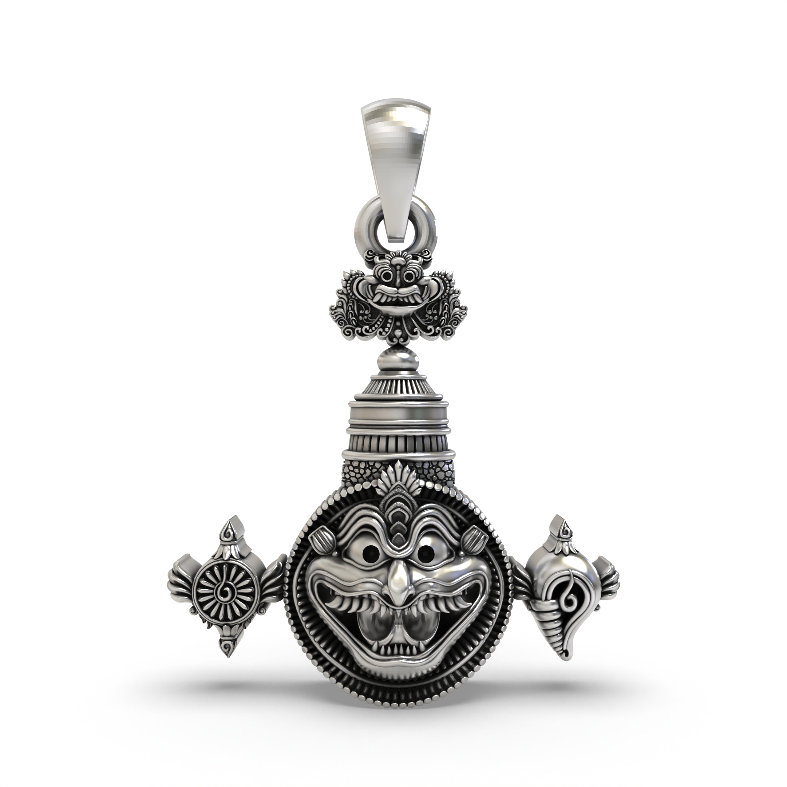Front view of the detailed 925 Silver Narasimha Pendant with Shankh and Chakra, showing its oxidized finish.