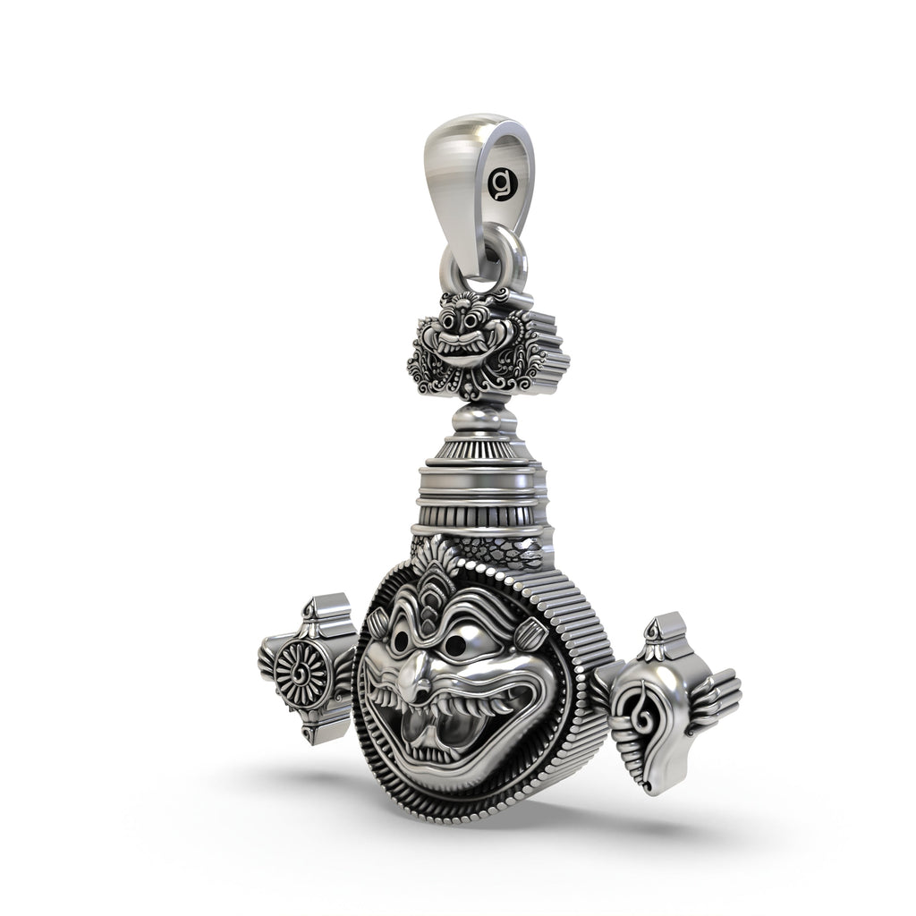 Angled view of the Lord Narasimha 925 Silver Pendant, highlighting the craftsmanship of the divine Shankh symbol.