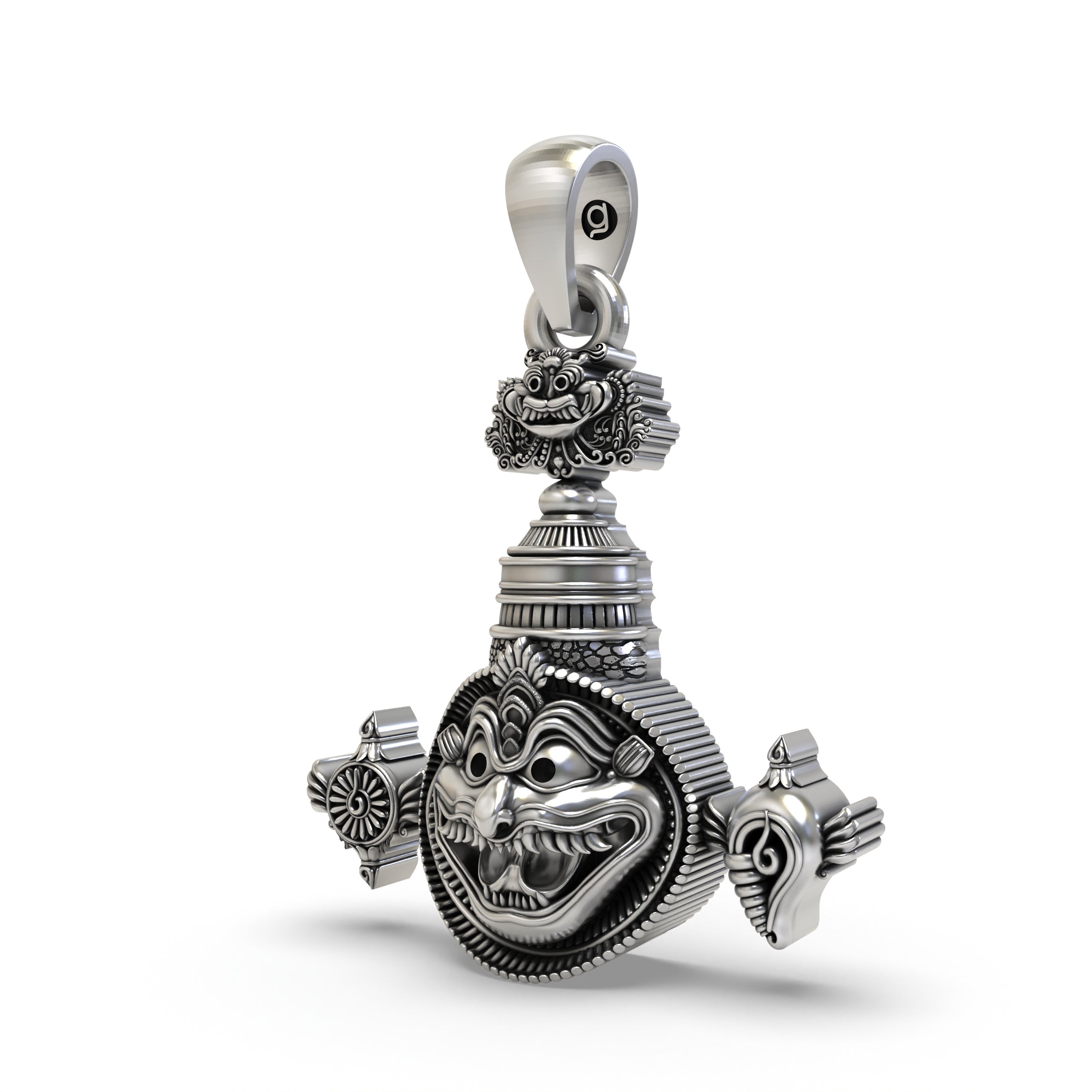 Angled view of the Lord Narasimha 925 Silver Pendant, highlighting the craftsmanship of the divine Shankh symbol.