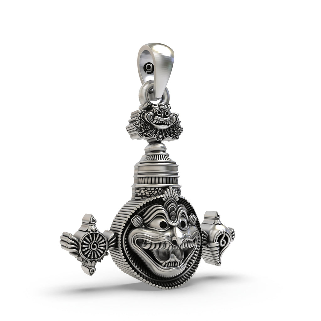 Close-up of the 925 Silver Narasimha Pendant, detailing the Lord's face and the antique oxidized silver finish.