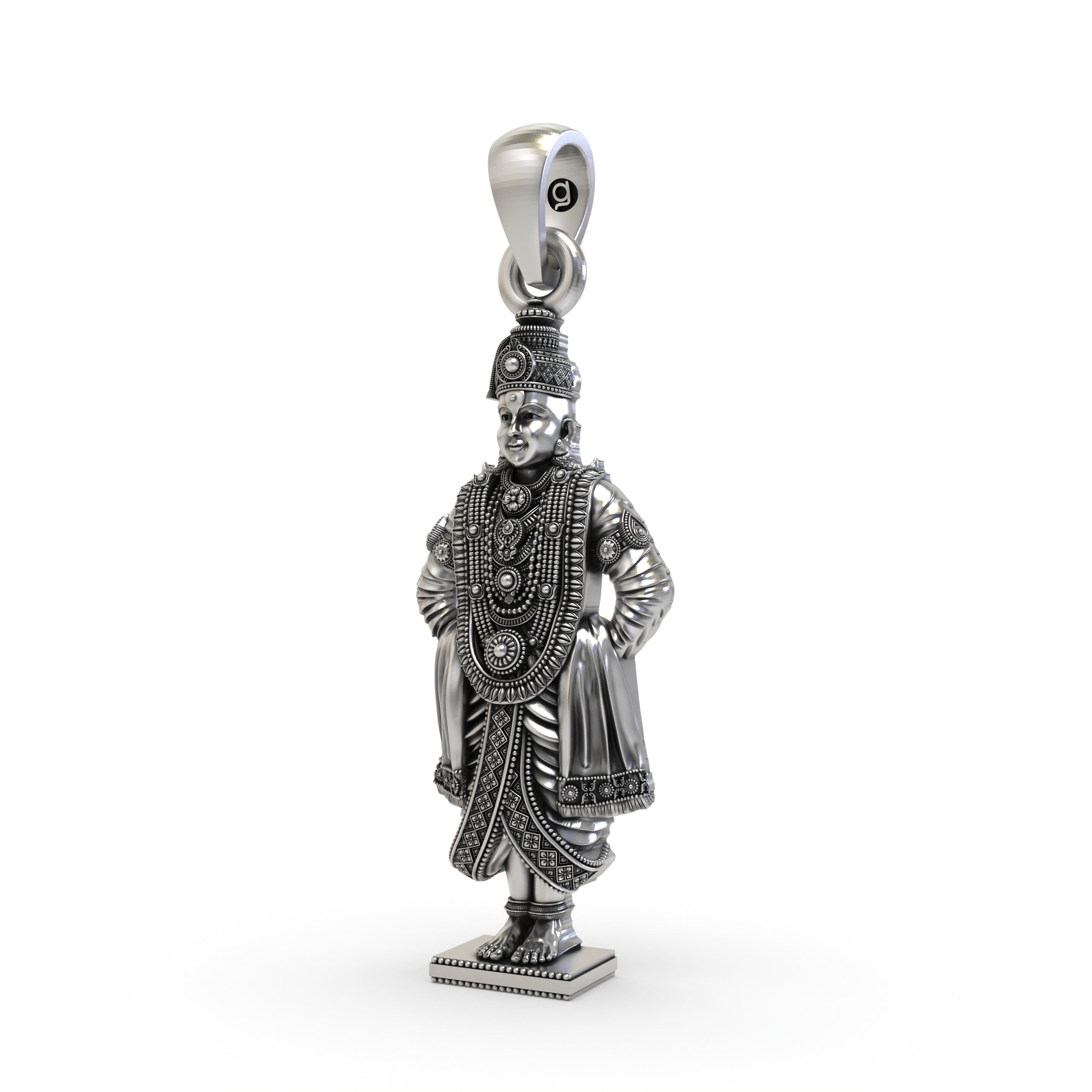 An angled perspective of the oxidized 925 silver Lord Vitthal pendant, highlighting its divine profile.