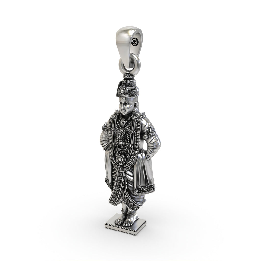 Side profile of the lightweight, hollow-back designed 925 silver Vitthal pendant for comfortable wear.