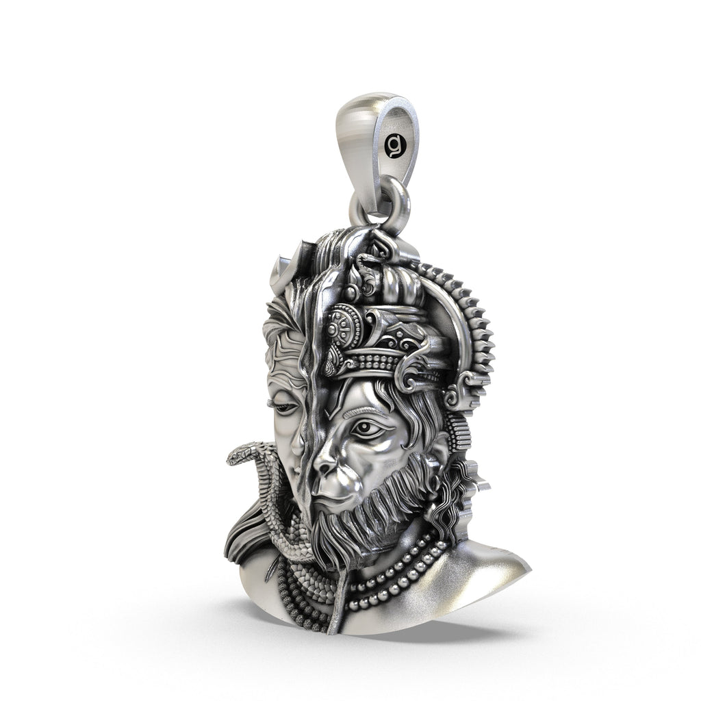 Angled view of the oxidized 925 silver Shiva Hanuman pendant, highlighting the depth and craftsmanship of the faces.
