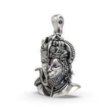 Angled view of the oxidized 925 silver Shiva Hanuman pendant, highlighting the depth and craftsmanship of the faces.