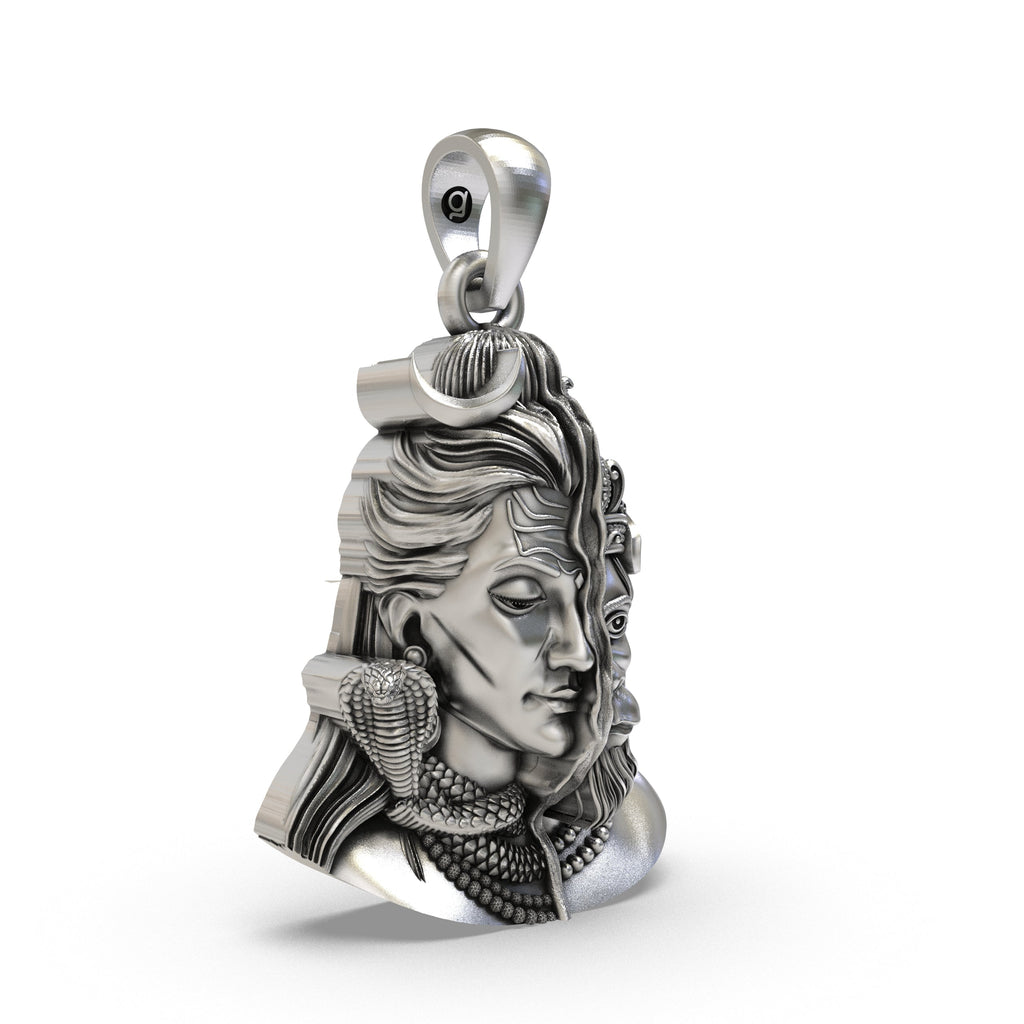 Close-up detail of the handmade half Shiva half Hanuman pendant in 925 sterling silver with an antique finish.