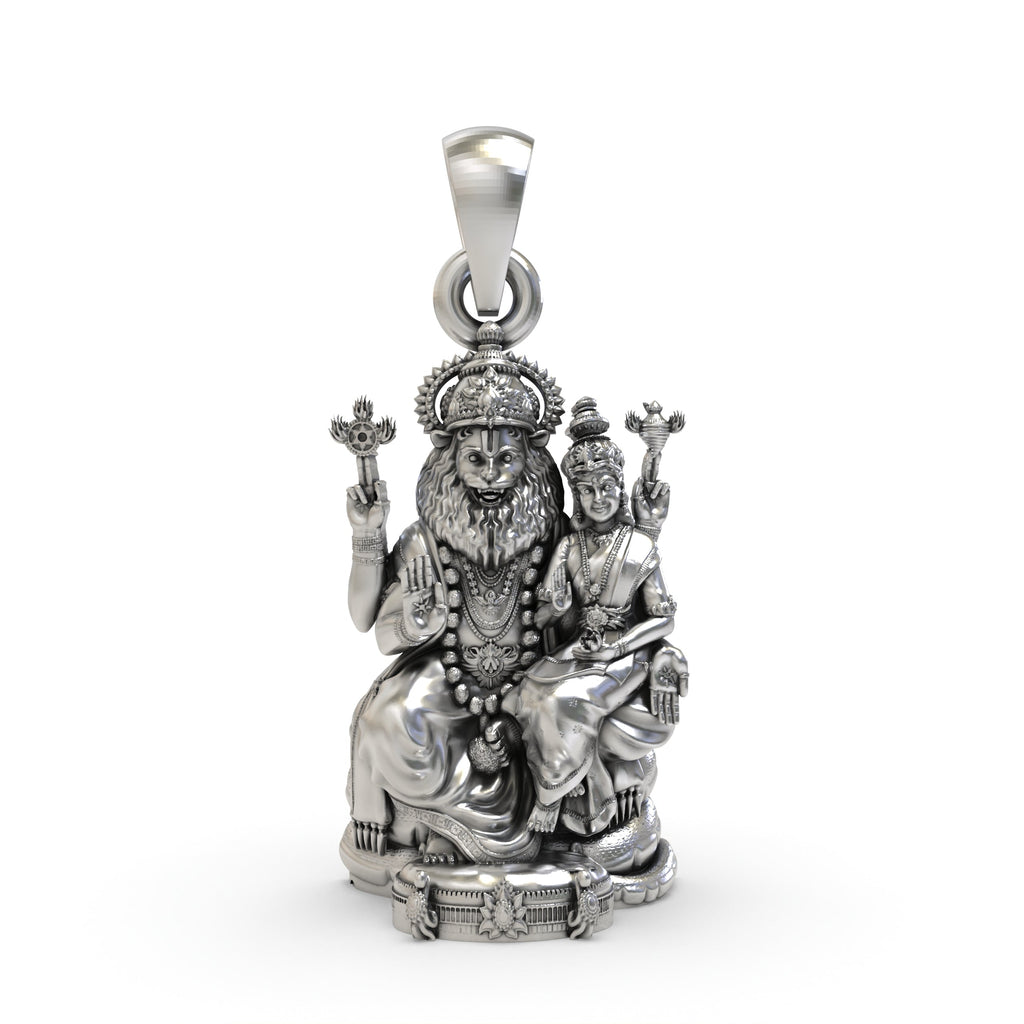 Front view of the 925 Silver Lakshmi Narasimha pendant with antique oxidized temple finish.