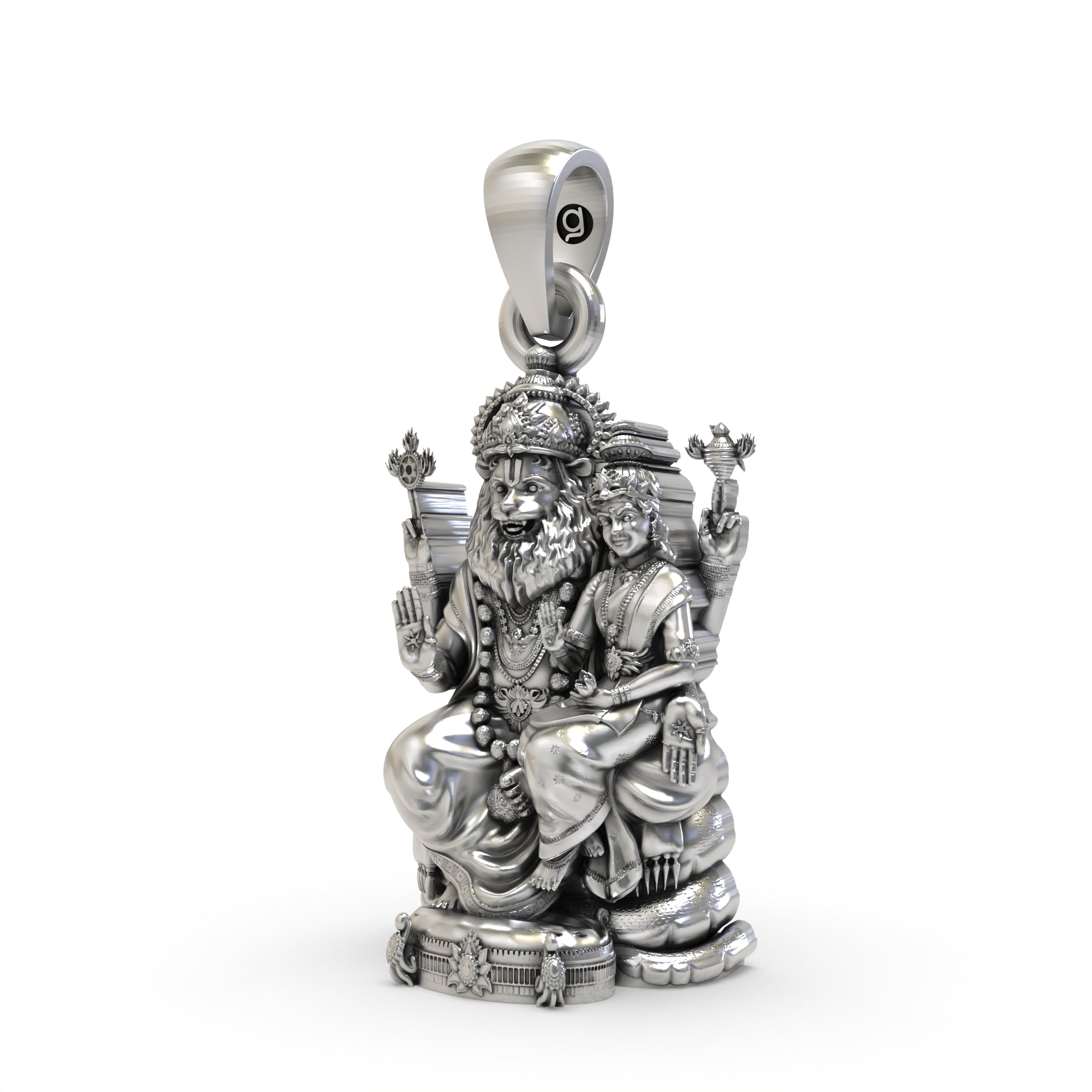 Close-up detail of the handmade Lakshmi Narasimha silver pendant showing intricate carvings.