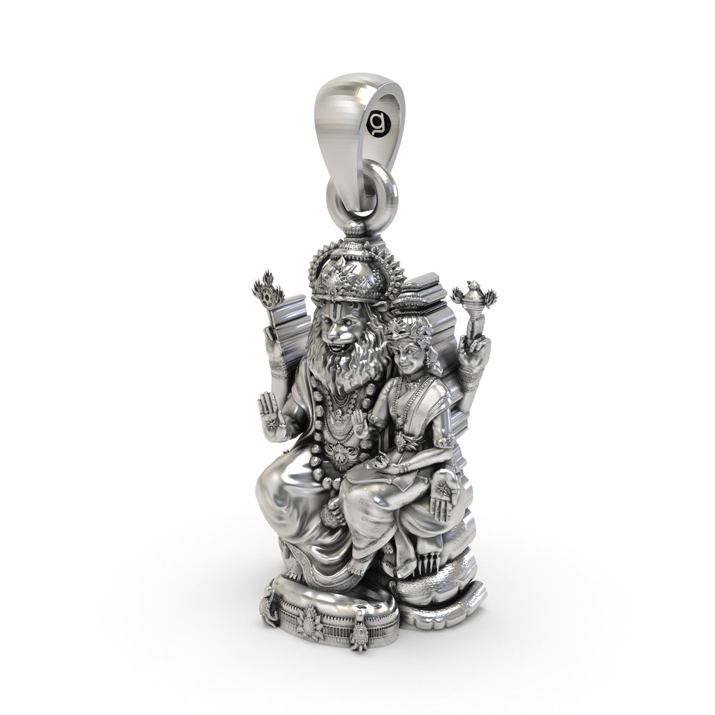 Worn look of the oxidized silver Lakshmi Narasimha pendant, perfect for daily devotional wear.