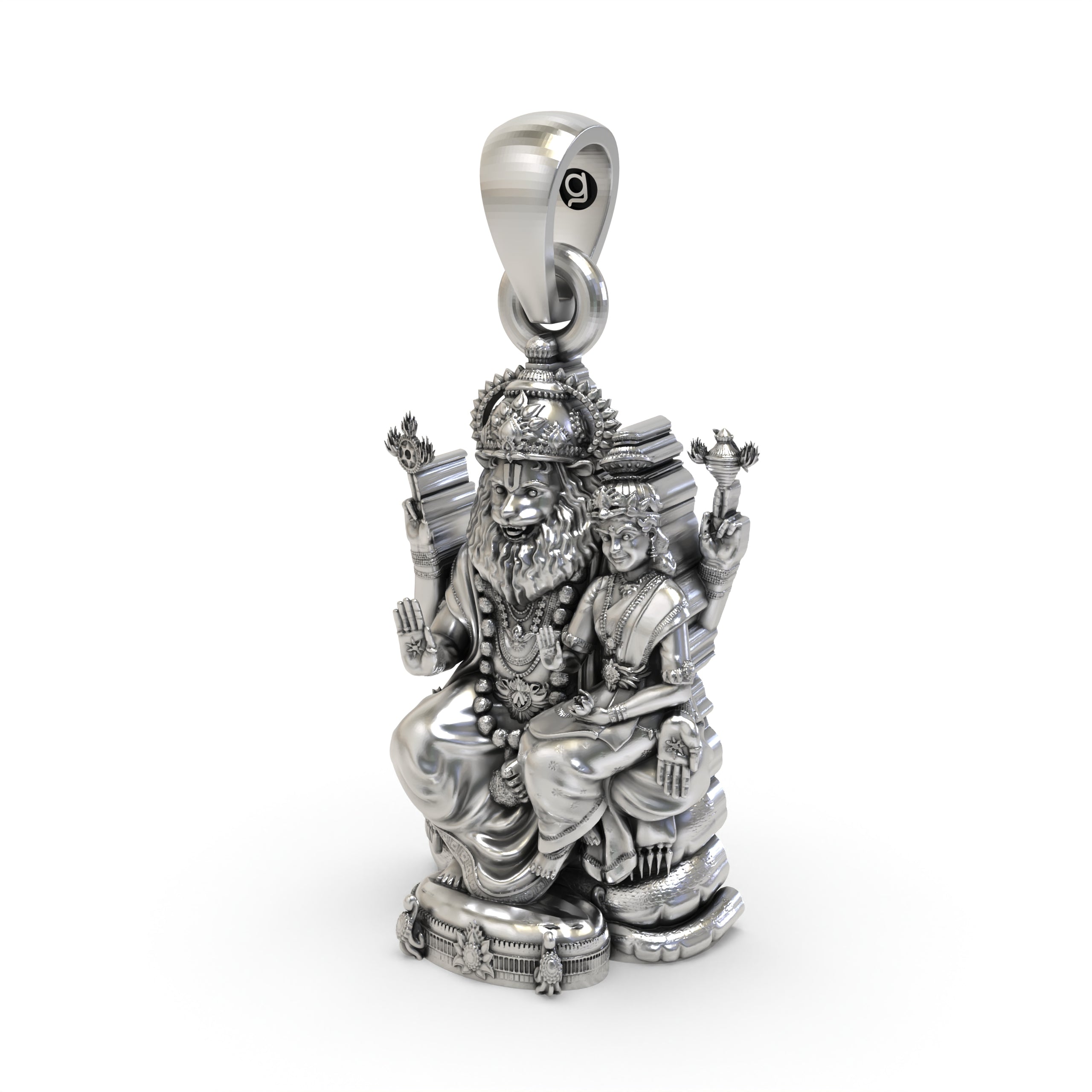 Worn look of the oxidized silver Lakshmi Narasimha pendant, perfect for daily devotional wear.