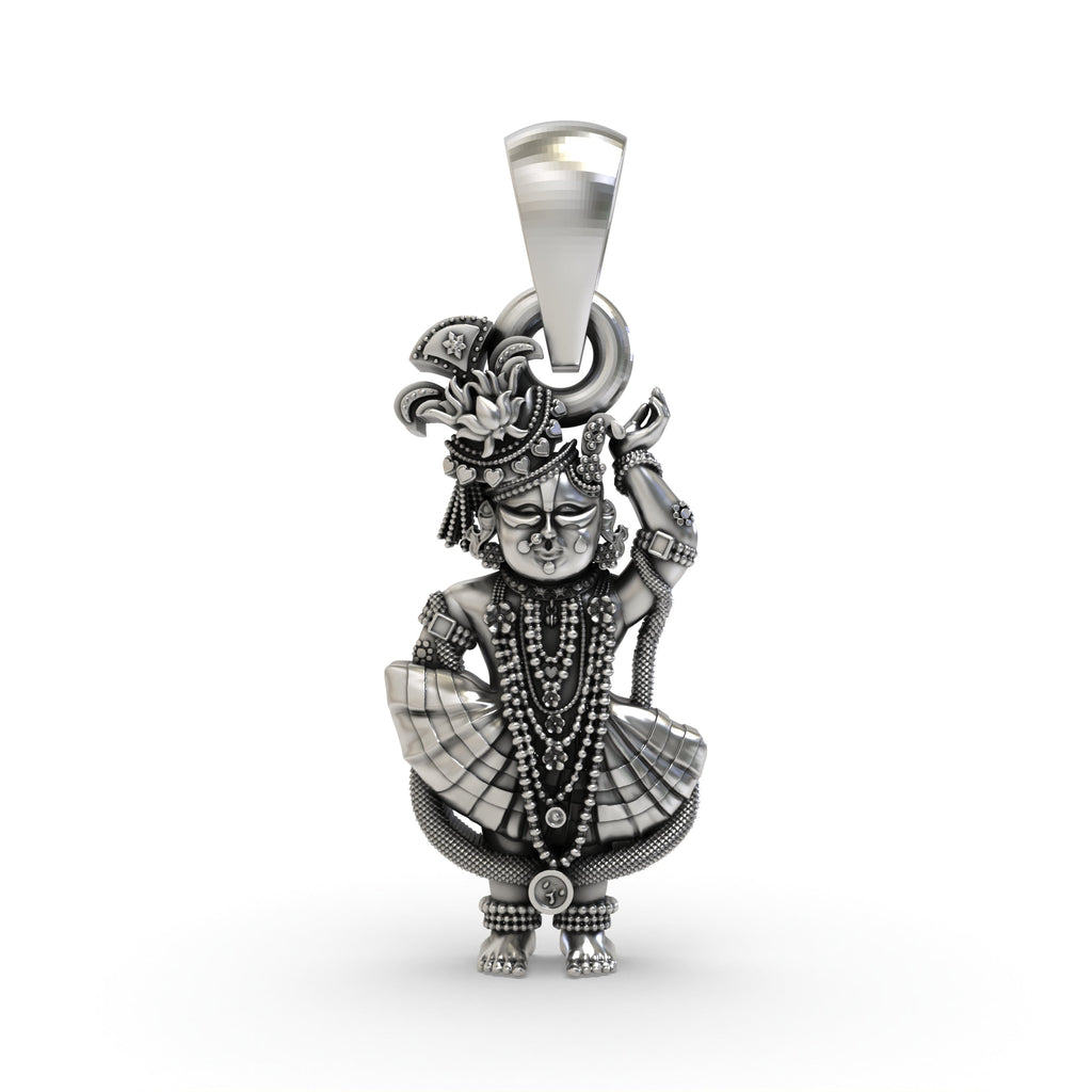 Front view of the handcrafted Shri Girdhar Lal Ji 925 Silver Pendant showing divine details.