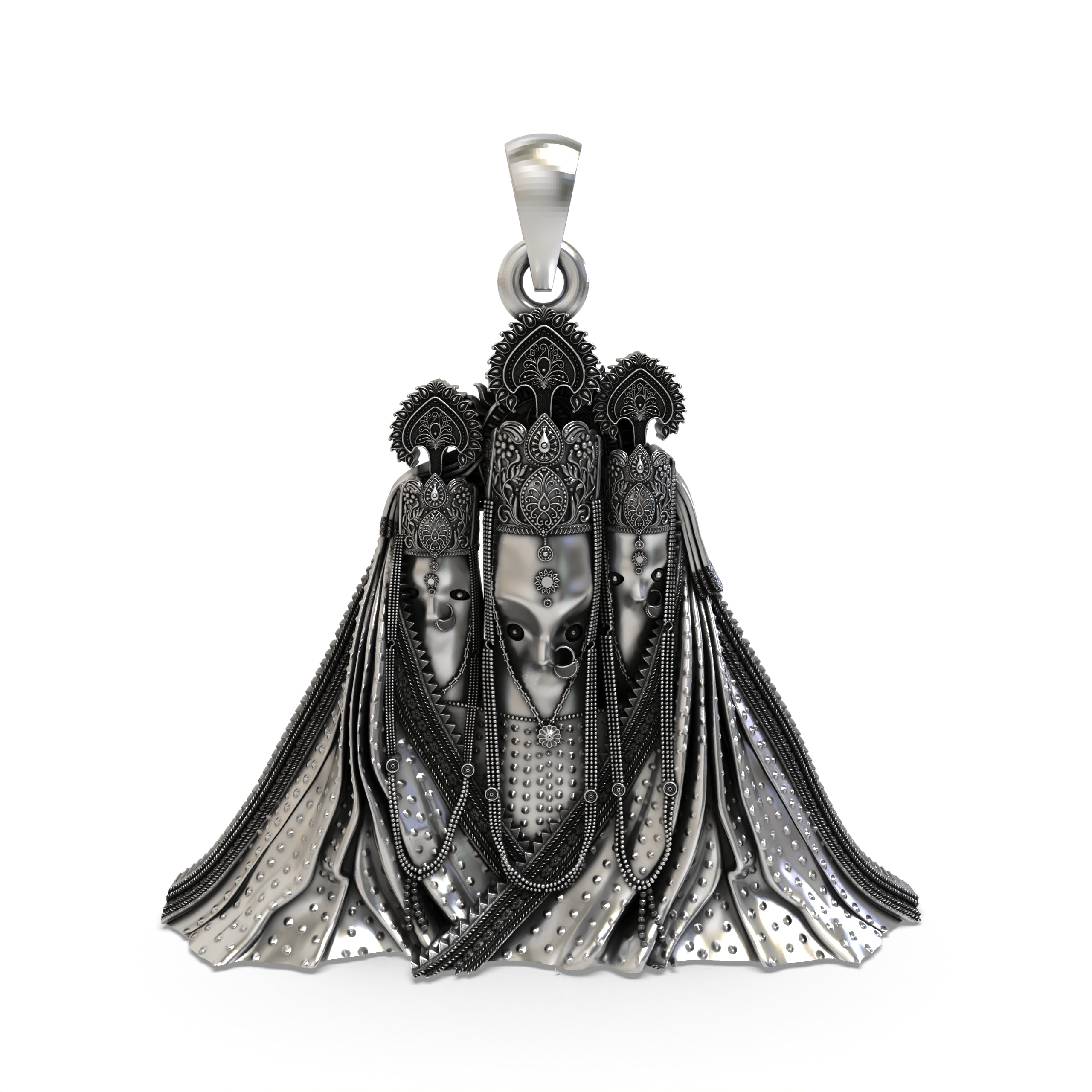 Front view of the Pitambara Bagalamukhi Mata Pendant in 925 sterling silver with a detailed oxidized finish. Main image