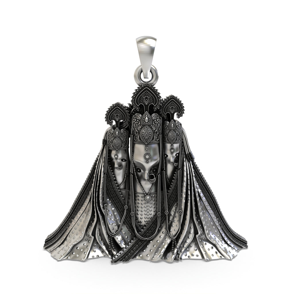 Front view of the Pitambara Bagalamukhi Mata Pendant in 925 sterling silver with a detailed oxidized finish.