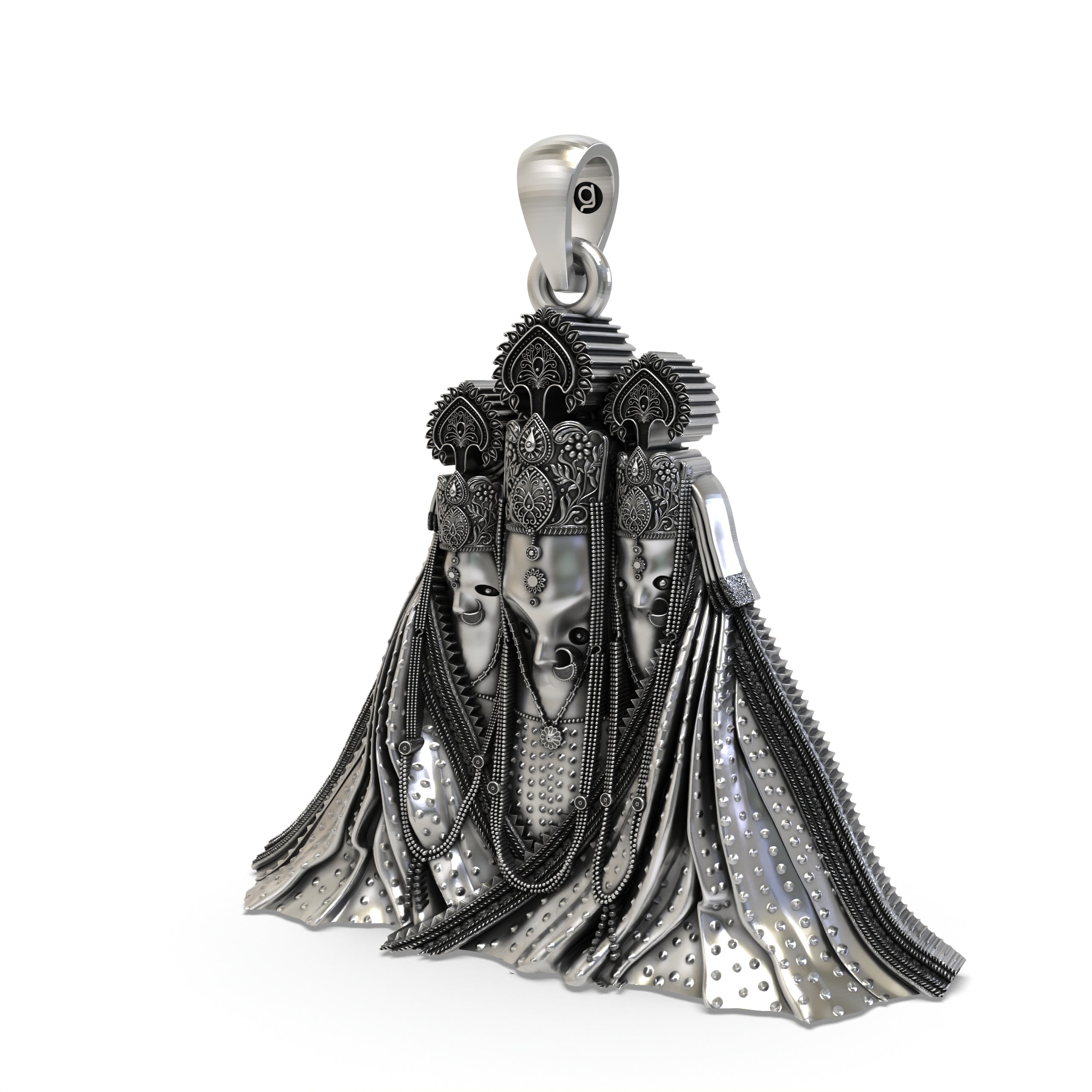 Angled side view of the Nalkheda Wali Mataji silver locket, showing the intricate craftsmanship and antique feel.