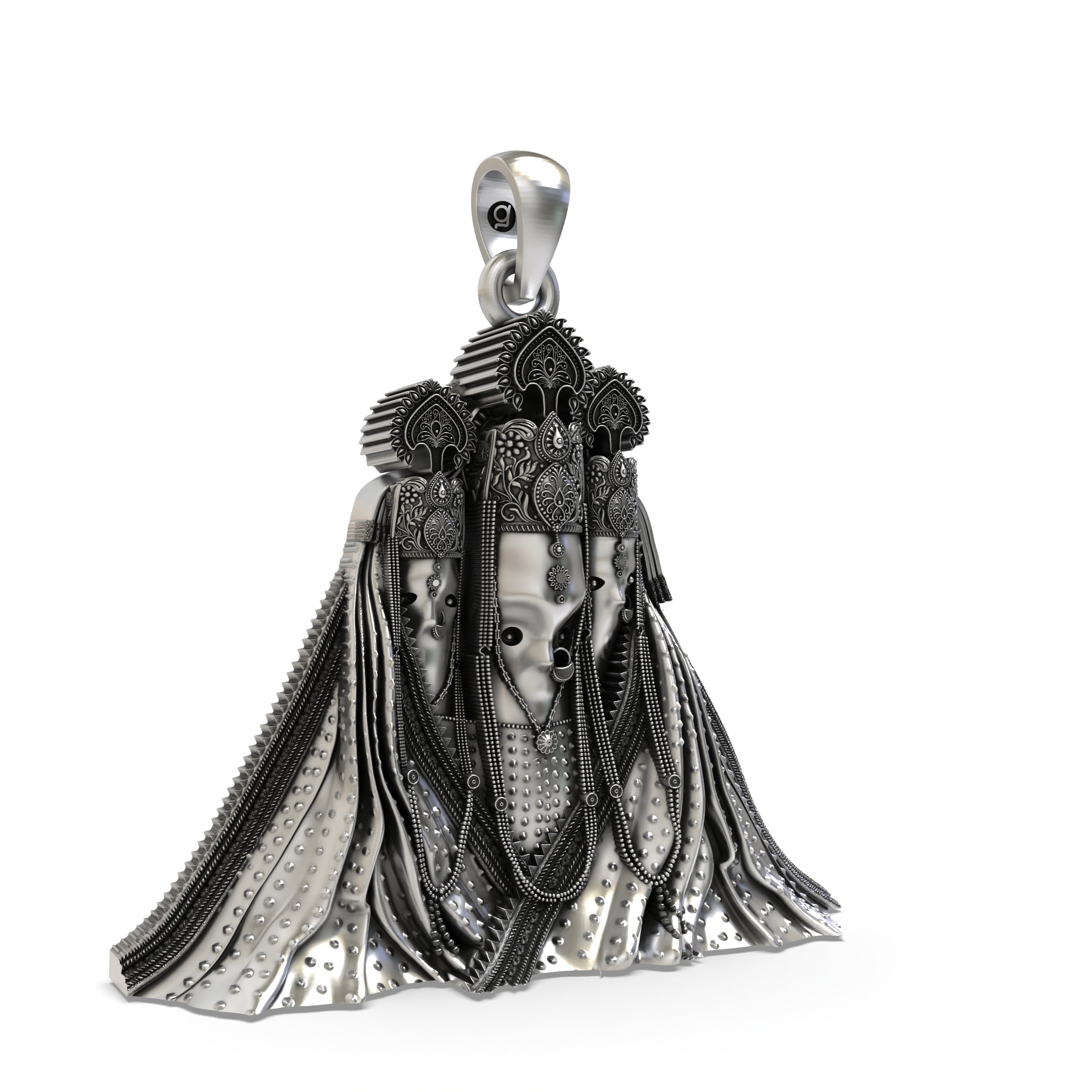 Detailed close-up of the Bagalamukhi Devi silver pendant, highlighting the goddess's fierce form and oxidized details.