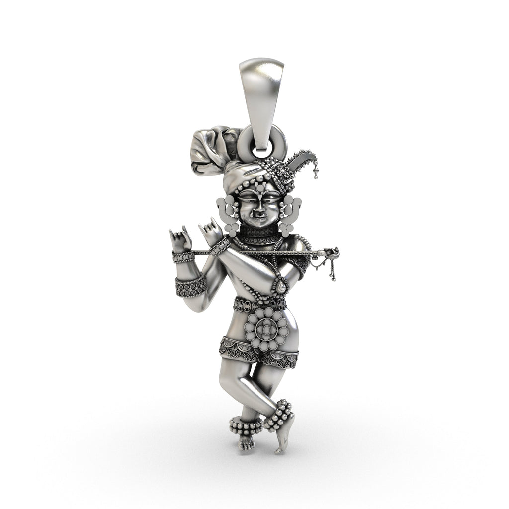 Front view of the solid Radha Raman Krishna pendant, handcrafted from pure 925 sterling silver for daily wear.