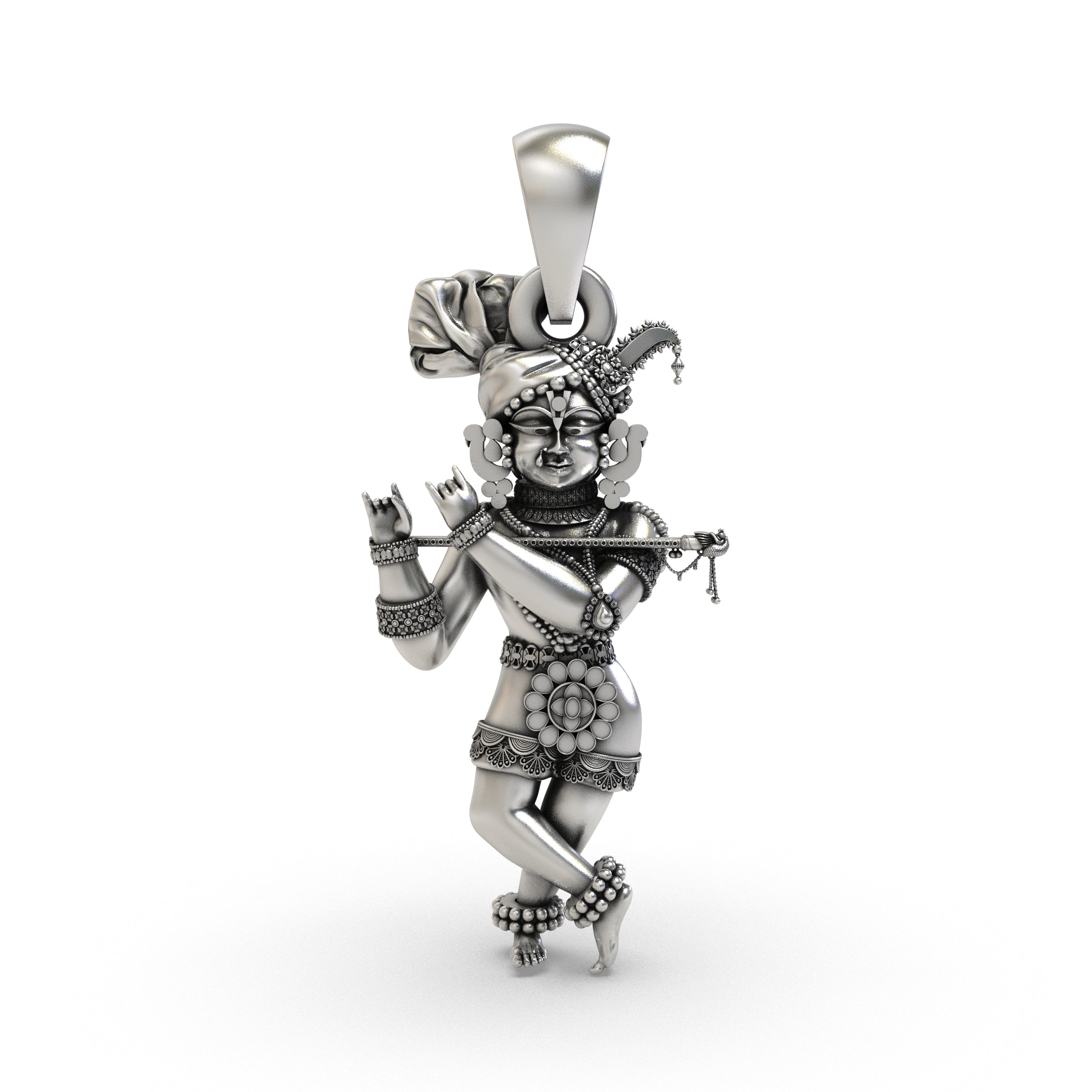 Front view of the solid Radha Raman Krishna pendant, handcrafted from pure 925 sterling silver for daily wear.