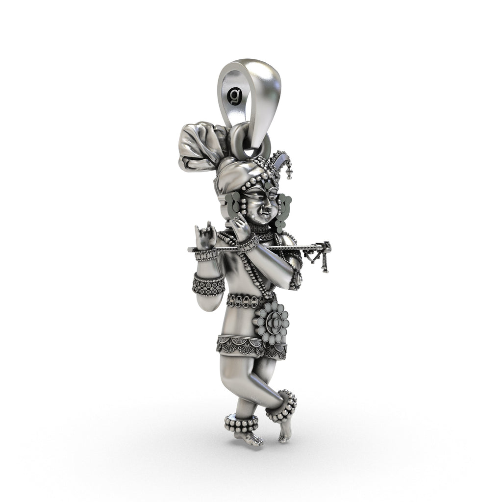 Rear profile of the solid 925 silver Radha Raman pendant, showcasing the complete 3D devotional figure.