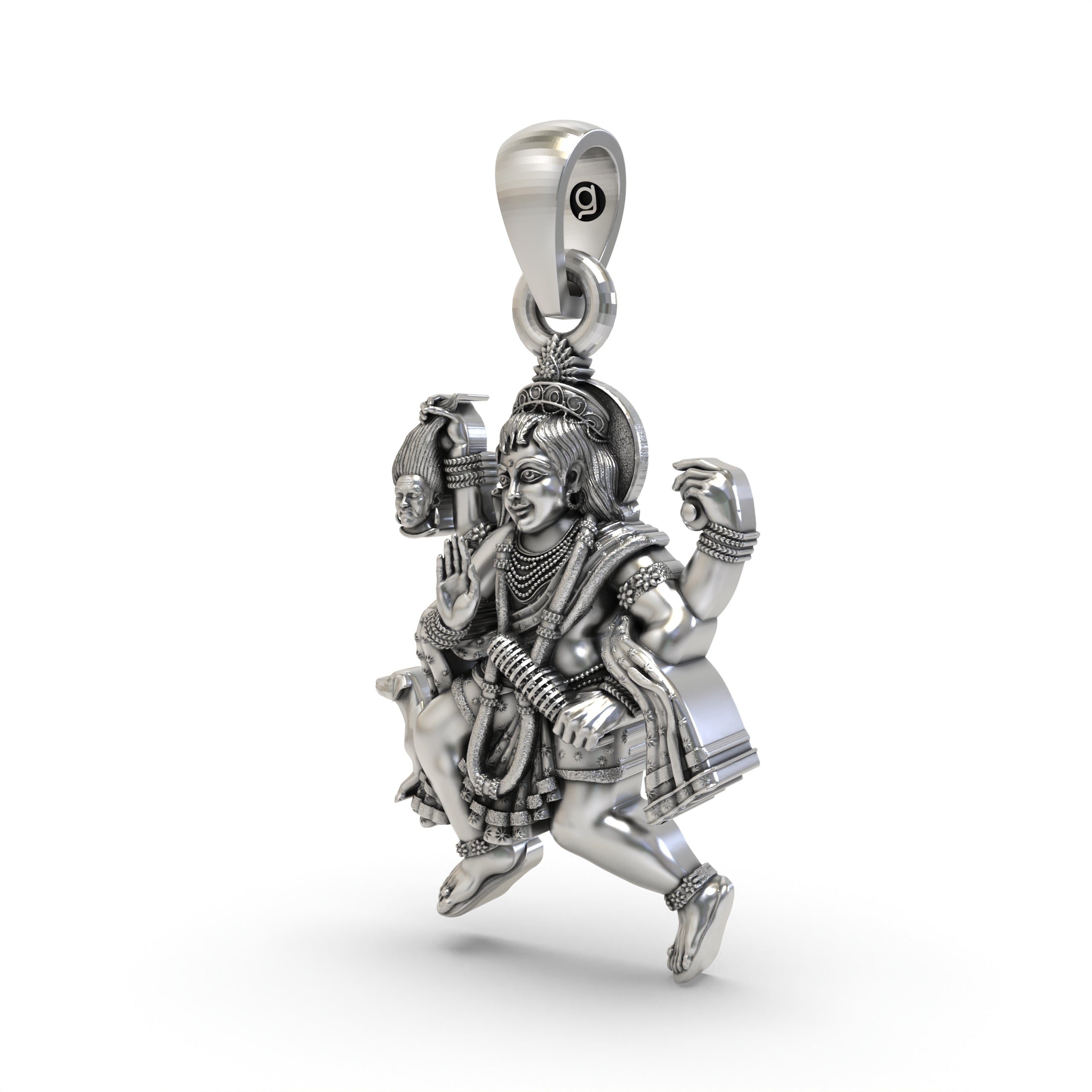 Angled shot of the handcrafted 925 Sterling Silver Batuk Bhairav Pendant, highlighting its spiritual design and