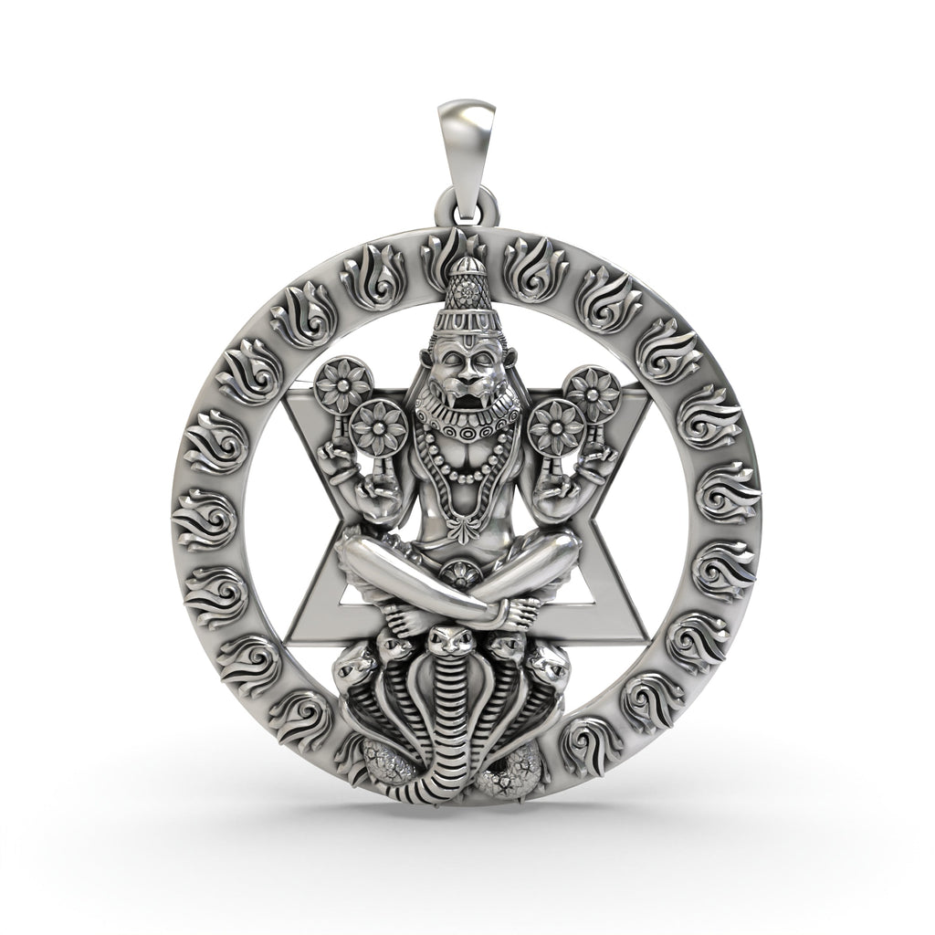 Front view of the 925 Sterling Silver Chakra Narasimha Pendant showcasing its detailed oxidized finish.