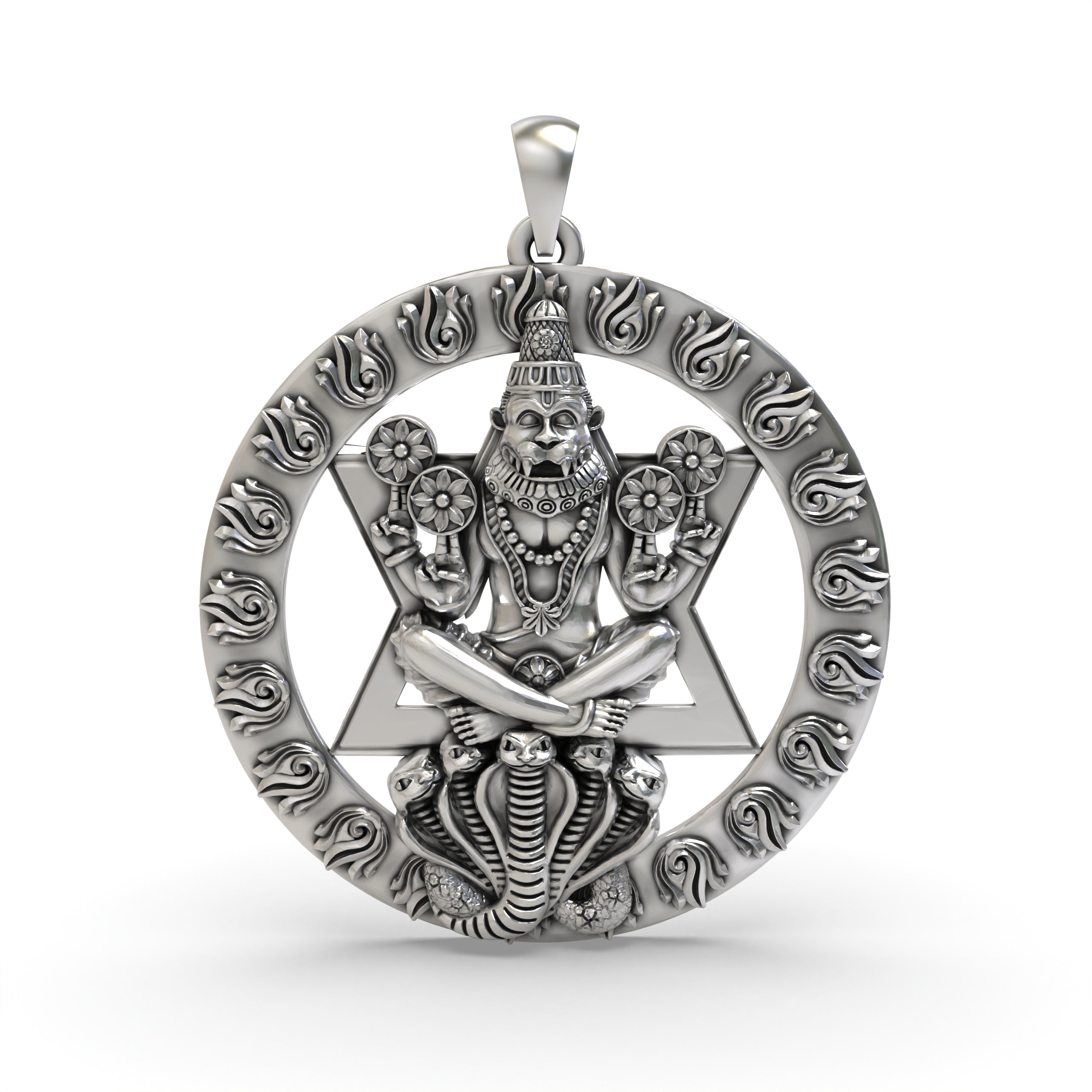 Front view of the 925 Sterling Silver Chakra Narasimha Pendant showcasing its detailed oxidized finish.