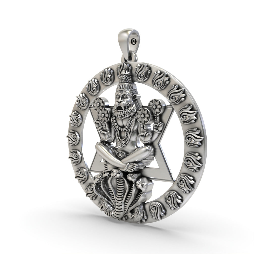 Angled profile of the Hindu God Narasimha pendant, highlighting the craftsmanship of the 925 silver amulet.