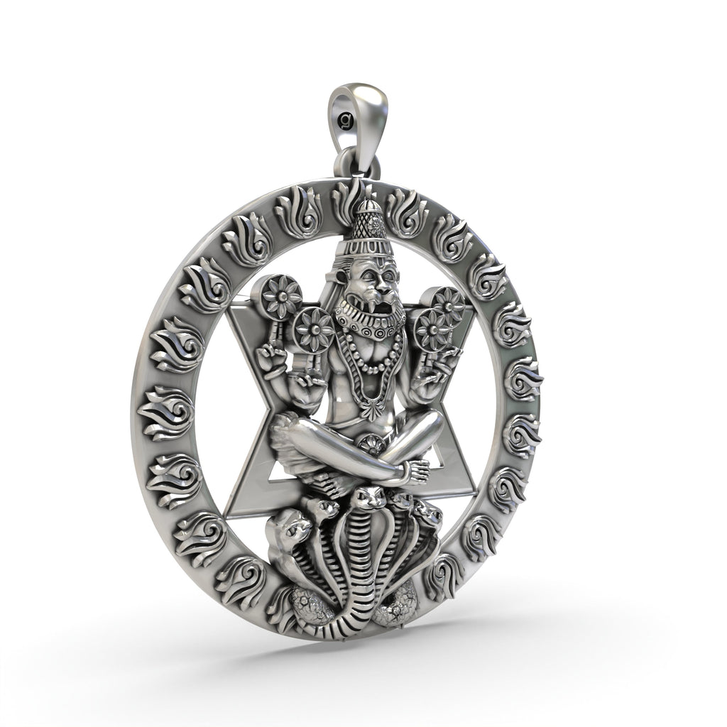 Close-up of the 925 Silver Narasimha Pendant focusing on the sacred chakra and the deity's fierce expression.
