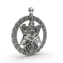 Close-up of the 925 Silver Narasimha Pendant focusing on the sacred chakra and the deity's fierce expression.