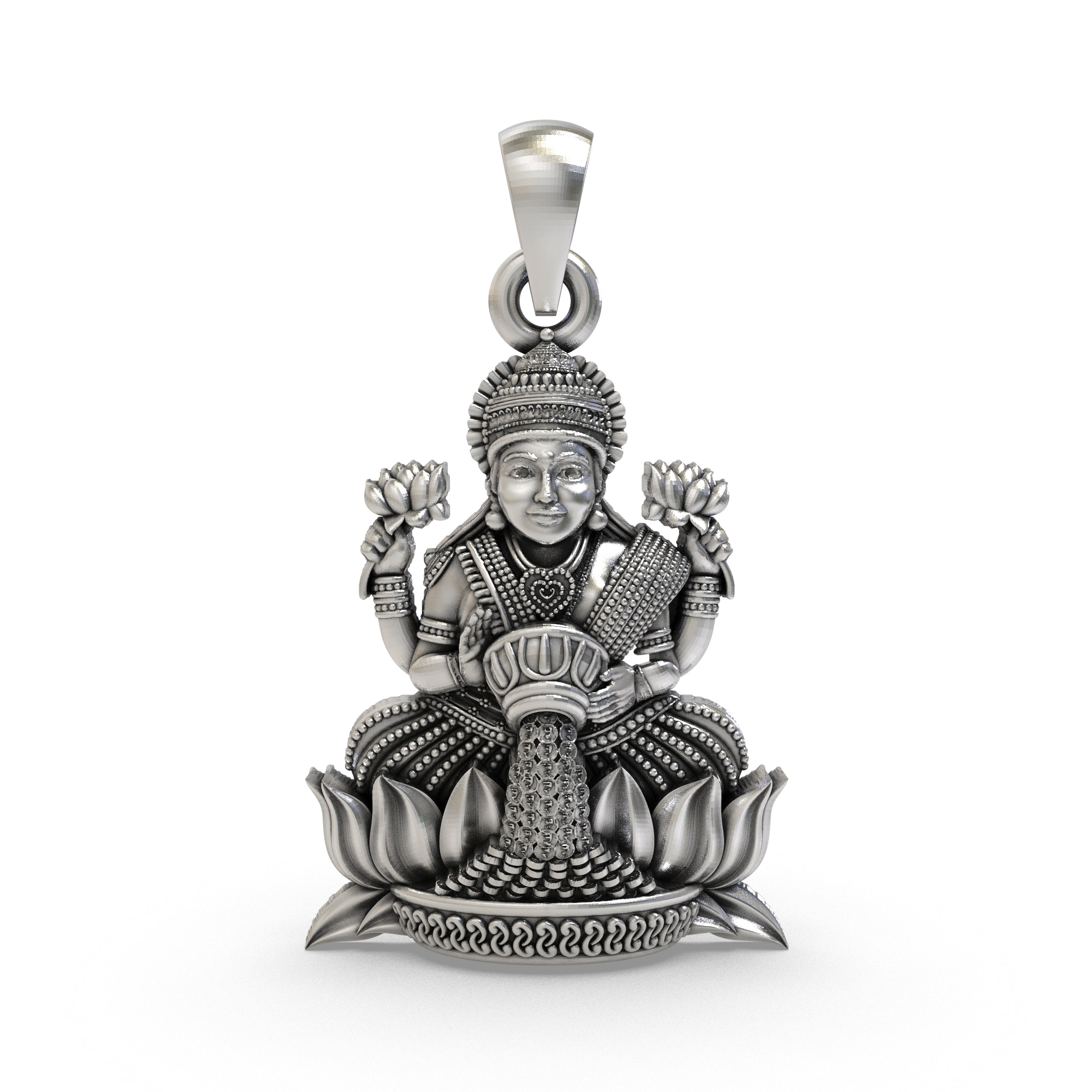 Front view of the intricately detailed 925 sterling silver Lakshmi Maa pendant on a clean white background.