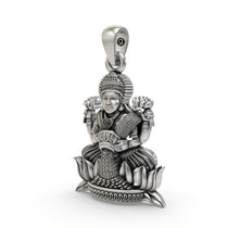 An angled side profile of the handcrafted 925 silver Goddess Lakshmi Maa pendant, showing its depth and design.