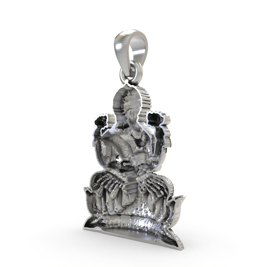 The 925 sterling silver Lakshmi Maa pendant held in hand to showcase its size, scale, and beautiful finish.