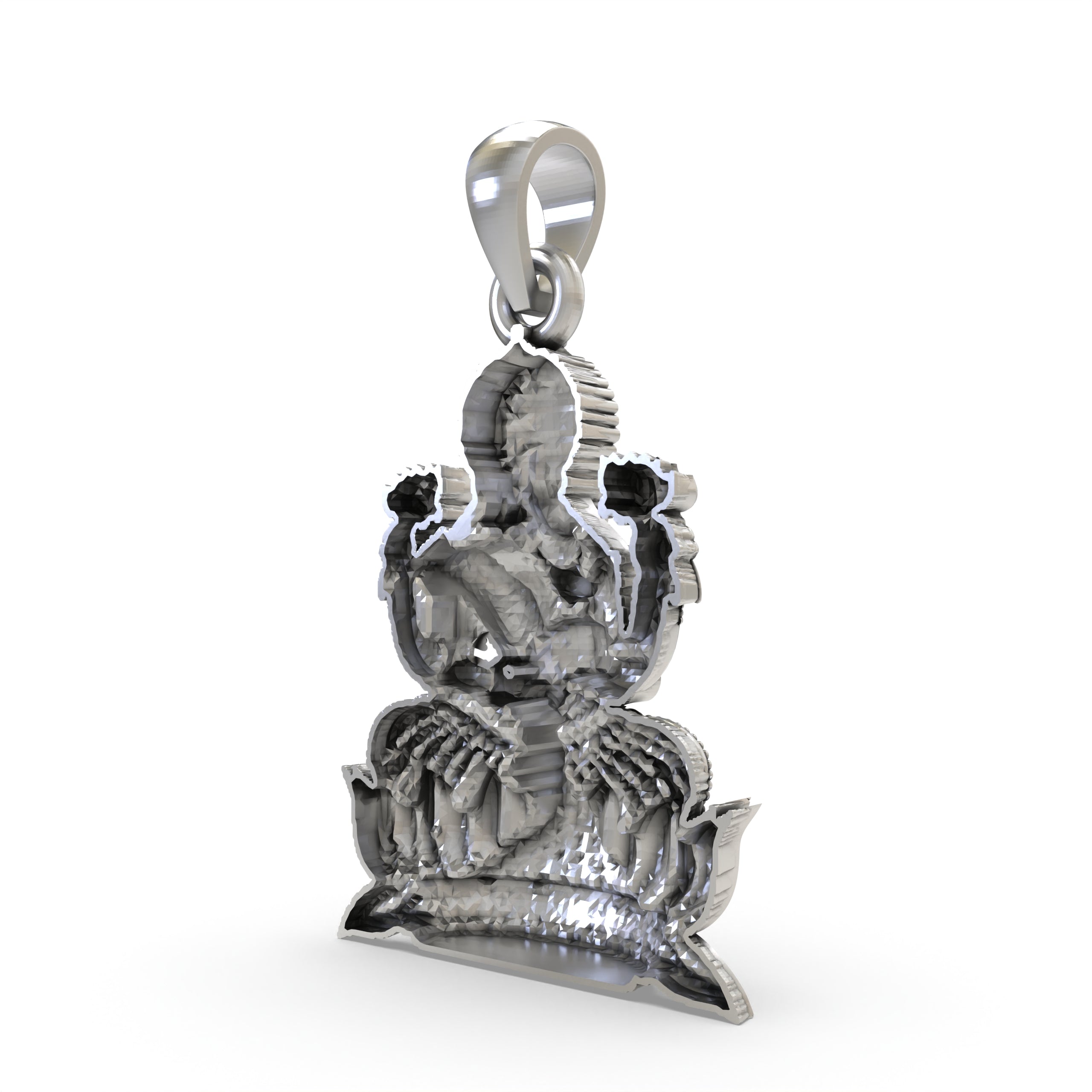 The 925 sterling silver Lakshmi Maa pendant held in hand to showcase its size, scale, and beautiful finish.