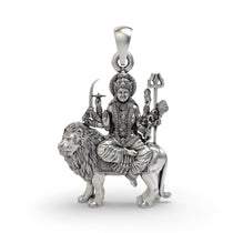 Front view of 925 silver Durga Maa pendant showing intricate temple-style Sherawali design.