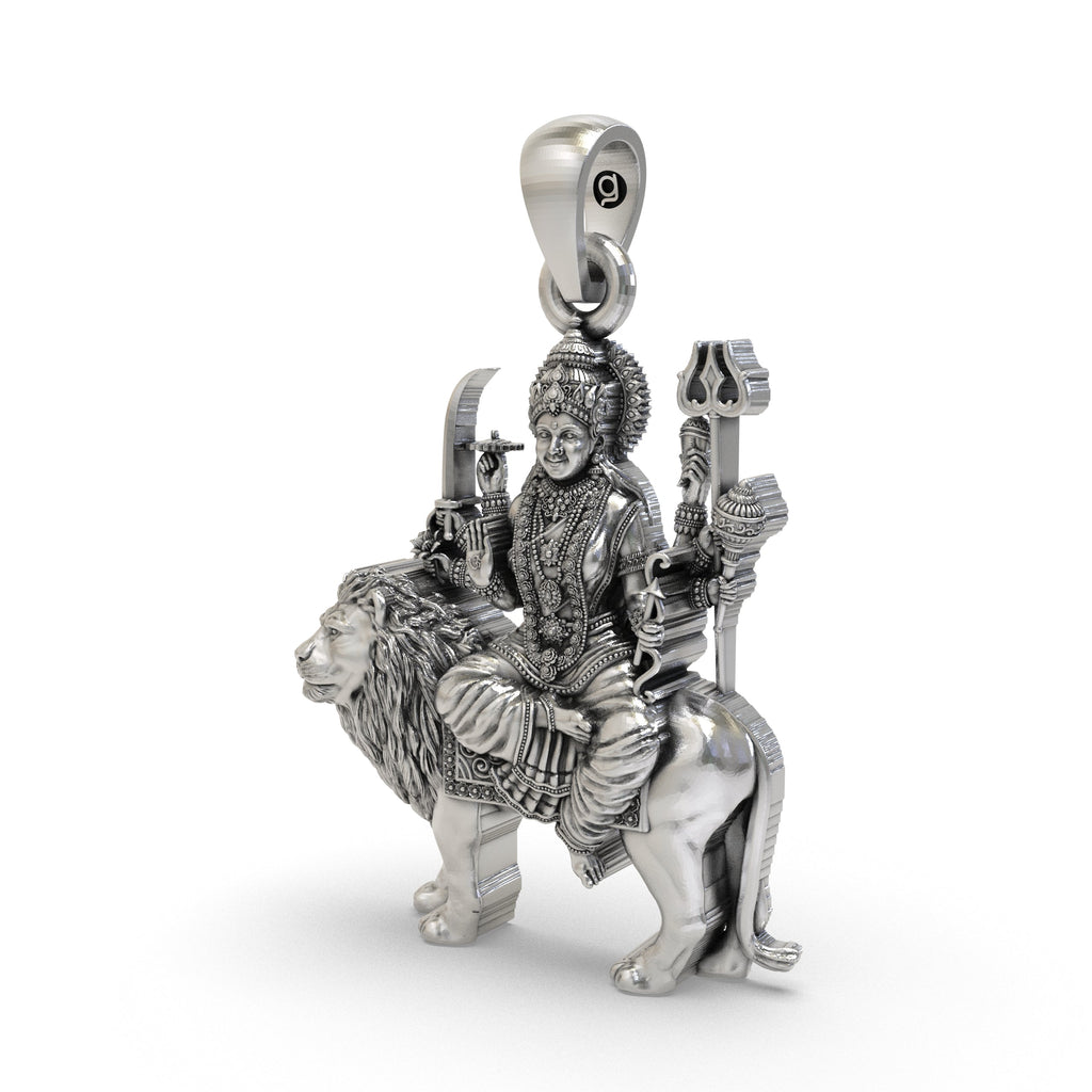 Close-up detail of oxidized 925 sterling silver Durga Maa idol pendant seated on a lion.
