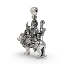 Close-up detail of oxidized 925 sterling silver Durga Maa idol pendant seated on a lion.