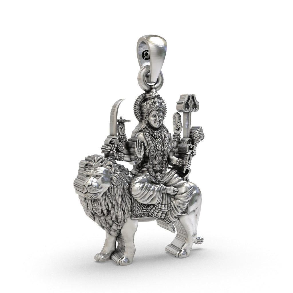 Side angle of the handmade 925 silver Simhavahini pendant highlighting the antique finish.