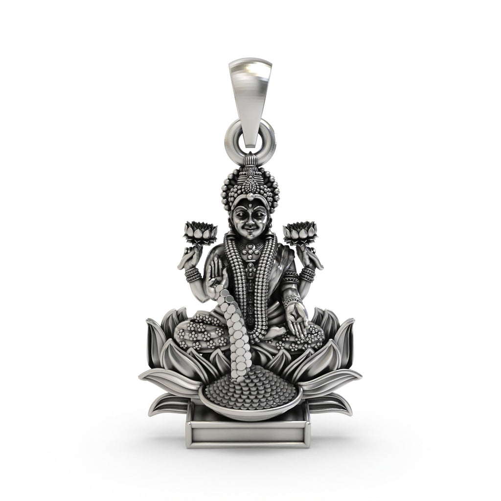 Front view of the handcrafted Lakshmi Maa pendant in 925 silver, showing the goddess seated on a lotus.
