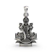 Front view of the handcrafted Lakshmi Maa pendant in 925 silver, showing the goddess seated on a lotus.