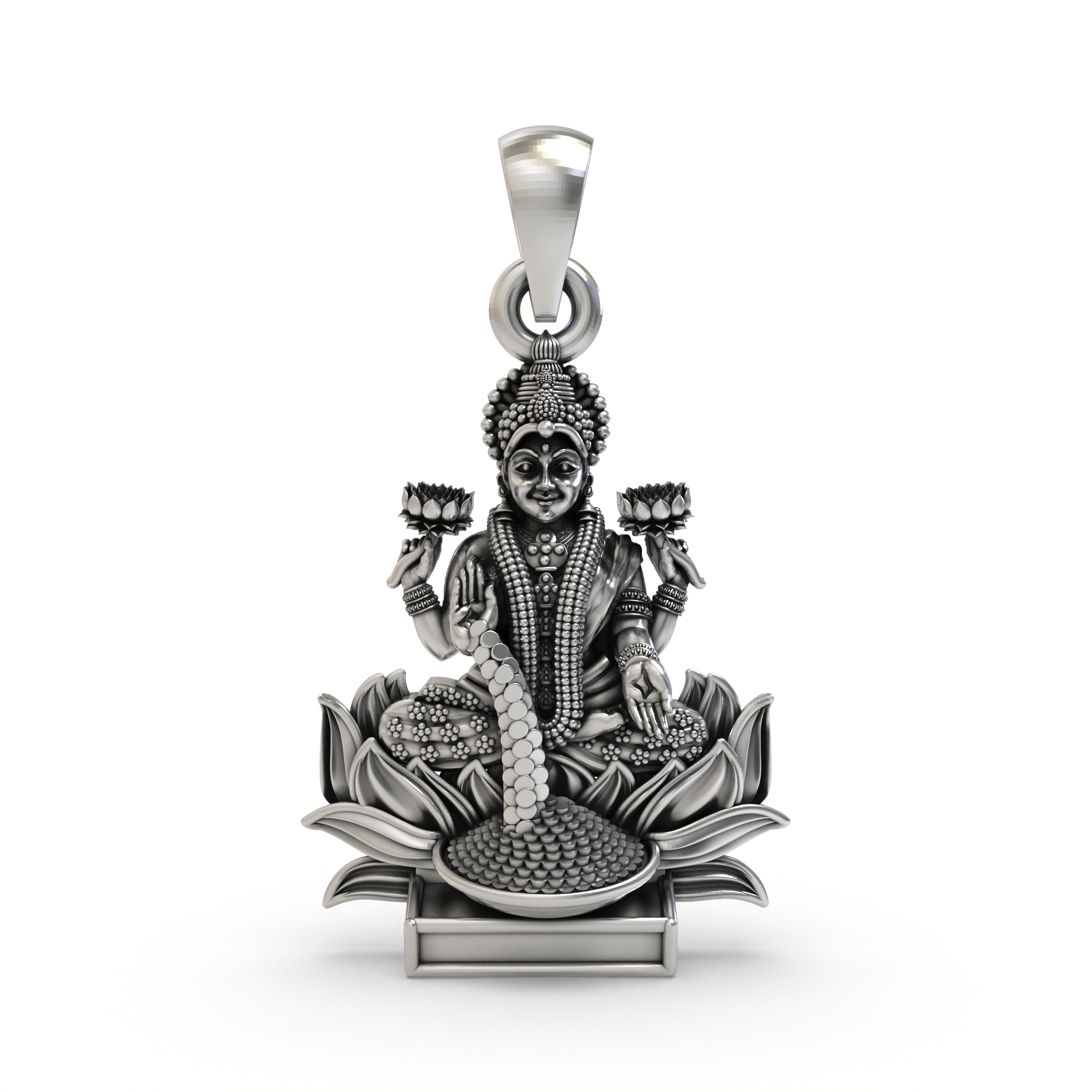 Front view of the handcrafted Lakshmi Maa pendant in 925 silver, showing the goddess seated on a lotus.