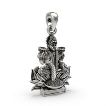 Angled profile view of the 925 sterling silver Lakshmi Maa pendant, highlighting its intricate detailing.