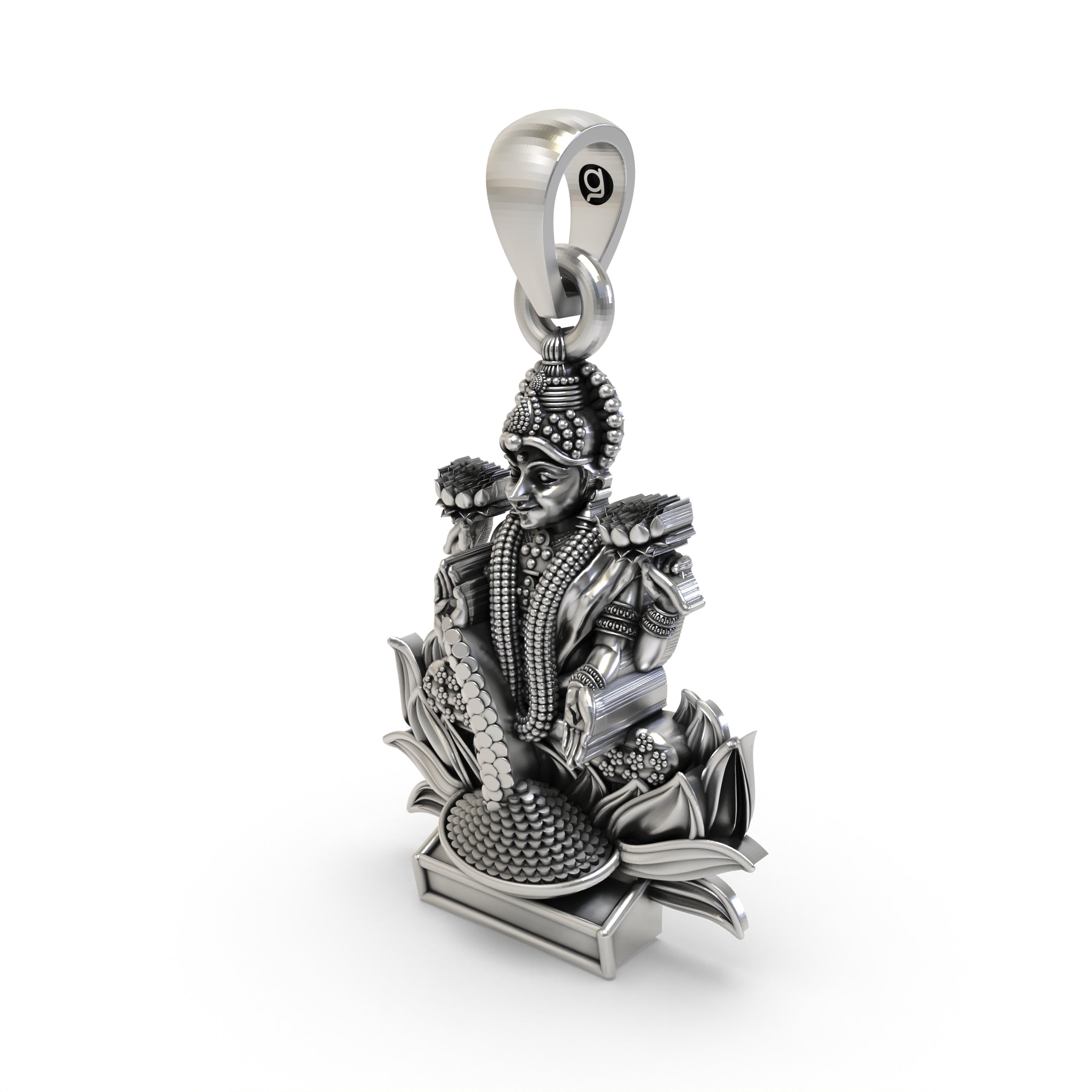 Close-up detail of the Lakshmi Maa spiritual pendant, focusing on the coin and lotus flower symbols.