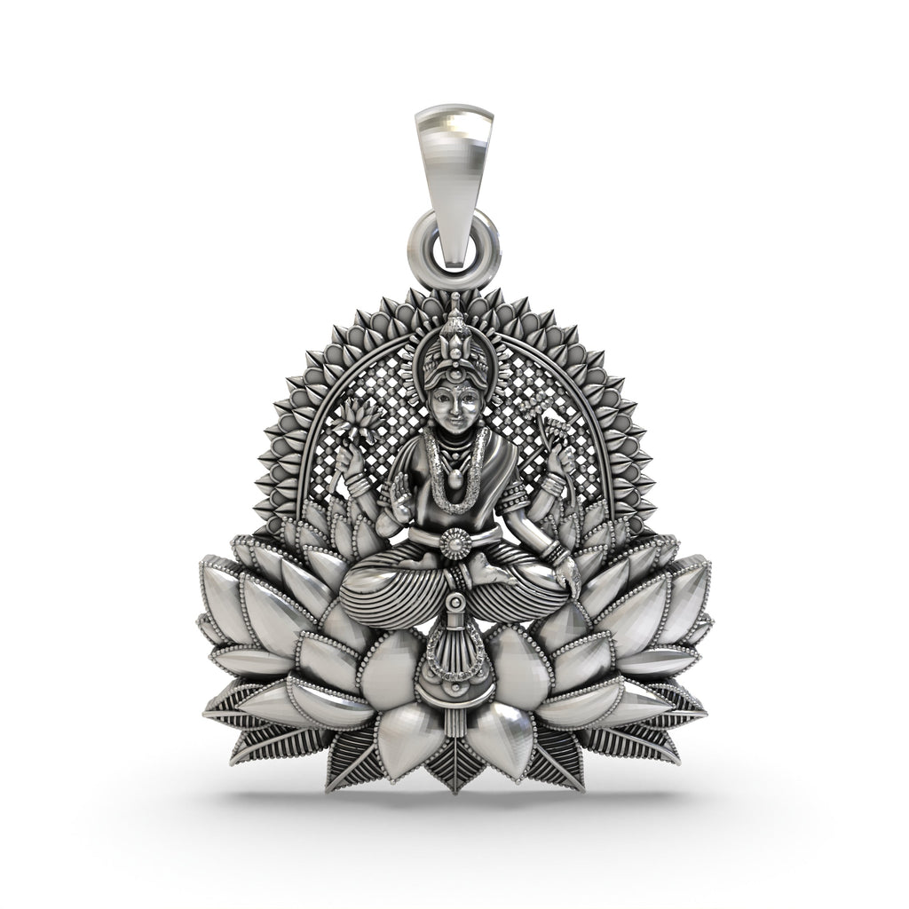 Front view of the handcrafted Lakshmi Maa Lotus Pendant in 925 silver, showing the goddess seated gracefully.