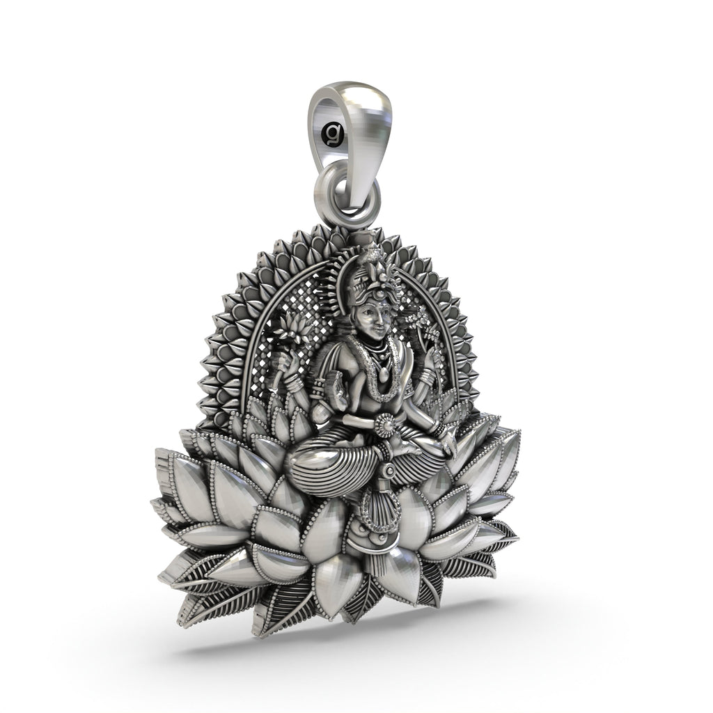 Angled profile of the Lakshmi Maa Lotus Pendant, showcasing the depth and fine craftsmanship of the silverwork.