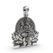 Angled profile of the Lakshmi Maa Lotus Pendant, showcasing the depth and fine craftsmanship of the silverwork.