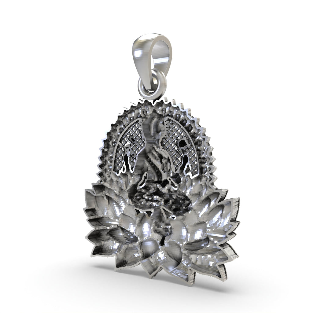 The serene face and form of Goddess Lakshmi on the lotus pendant, handcrafted from pure 925 sterling silver.