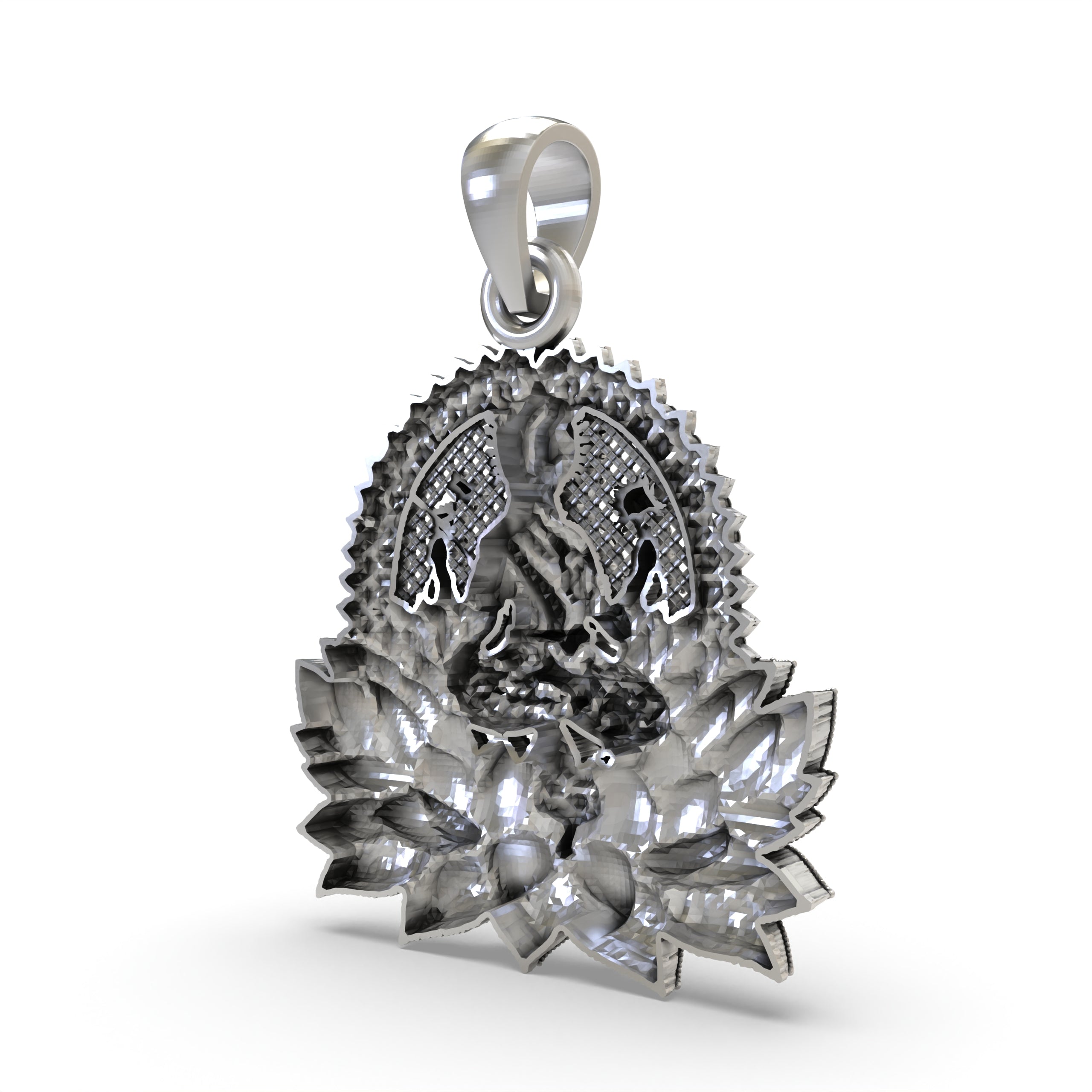 The serene face and form of Goddess Lakshmi on the lotus pendant, handcrafted from pure 925 sterling silver.