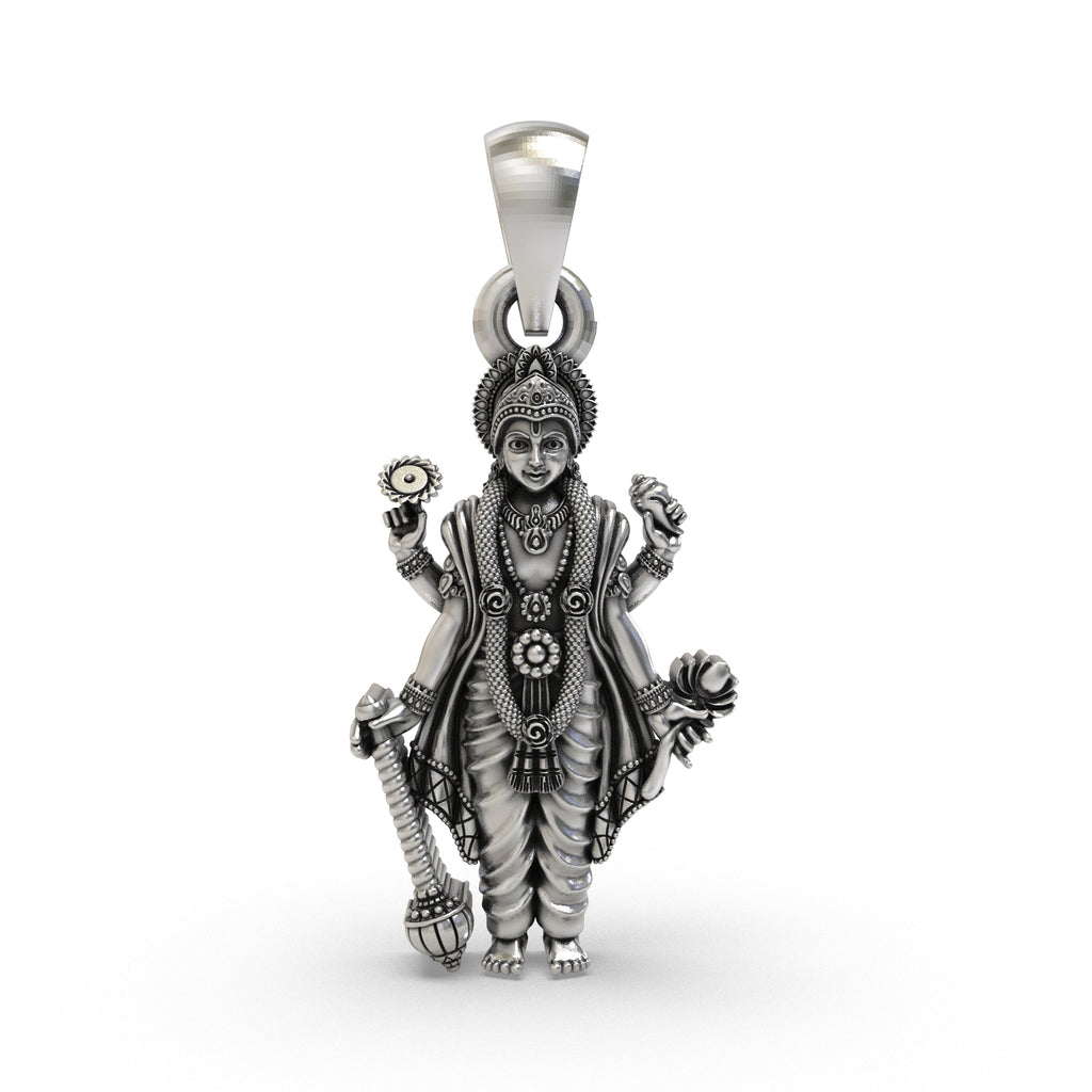 Front view of the 925 sterling silver Lord Vishnu pendant featuring intricate Shankh and Chakra details.