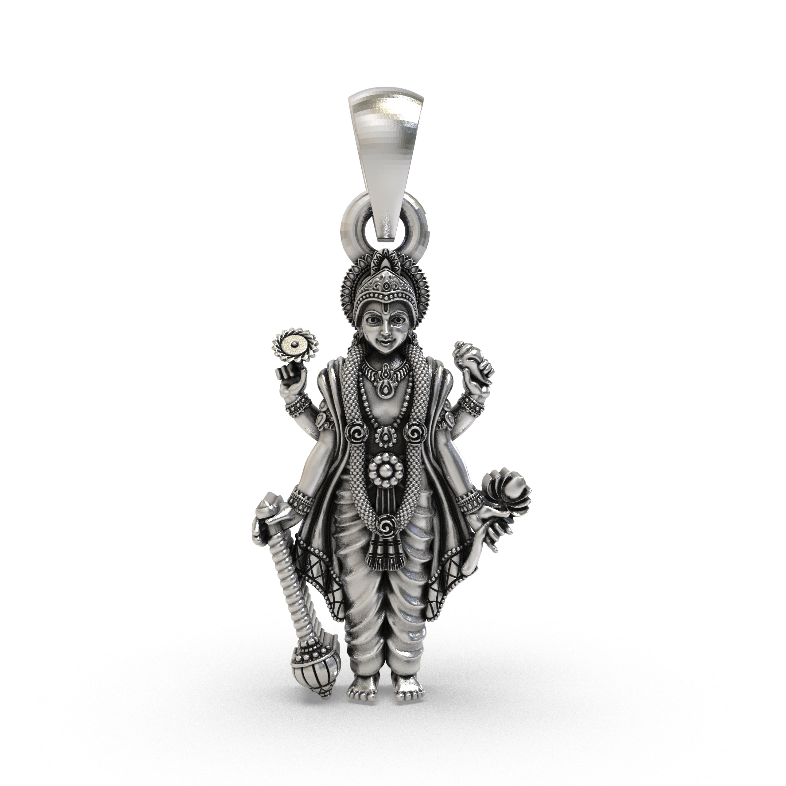 Front view of the 925 sterling silver Lord Vishnu pendant featuring intricate Shankh and Chakra details.